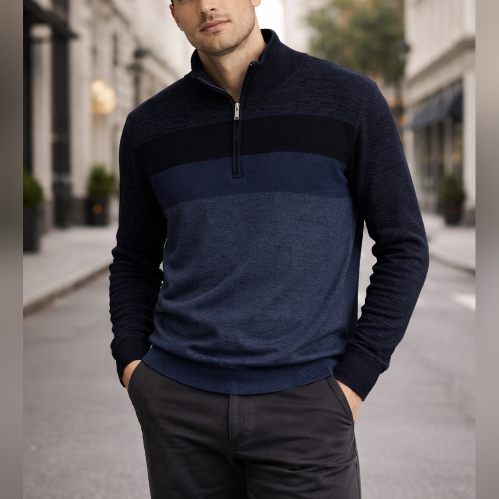 Calvin Klein Merino Wool Blend Half Zip Sweater Large Navy Striped Knit Pullover